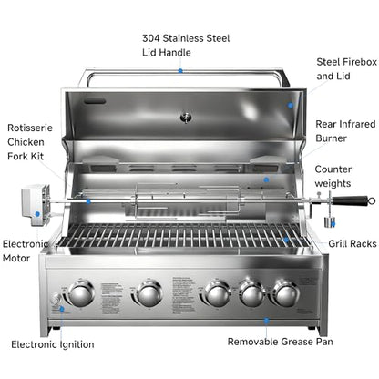 BODEGA Gas Grill Built-In Head, 30-Inch 5-Burner Propane Grill, LP Gas & Natural Gas Convertible, Heavy Duty 304 Stainless Steel 58000-BTUs BBQ Island Kitchen Gas Grill Outdoor Cooking.