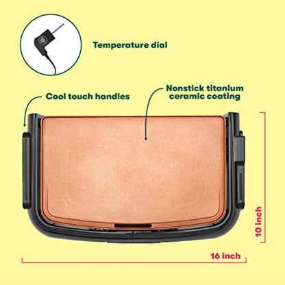 BELLA Griddle Ceramic Copper TI, Healthy-Eco Non-stick Coating, Hassle-Free Clean Up, Large Submersible Cooking Surface, 10" x 16", Copper/Black