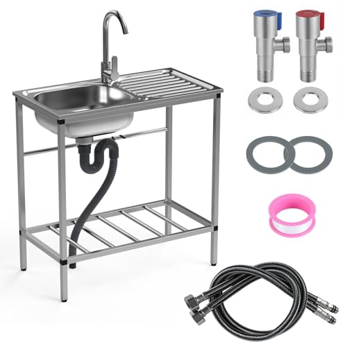 Stainless Steel Utility Sink Set, Freestanding Single Bowl Kitchen Sink, Outdoor Sink Station with Hose Hook Up, Storage Shelves for Garage, Restaurant, Kitchen, Laundry Room (Stainless Steel)