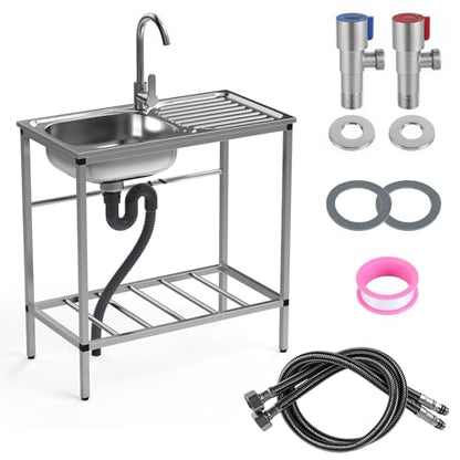 Stainless Steel Utility Sink Set, Freestanding Single Bowl Kitchen Sink, Outdoor Sink Station with Hose Hook Up, Storage Shelves for Garage, Restaurant, Kitchen, Laundry Room (Stainless Steel)