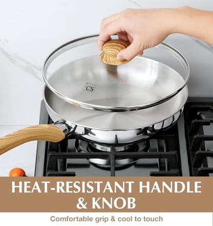 KOCH SYSTEME CS Stainless Steel Pan 10 Inch, Induction Tri-Ply Bottom Stainless Steel Frying Pan with Heat-resistant Bakelite Handle, 10 Inch Stainless Skillet with Lid for Cooking, Dishwasher Safe