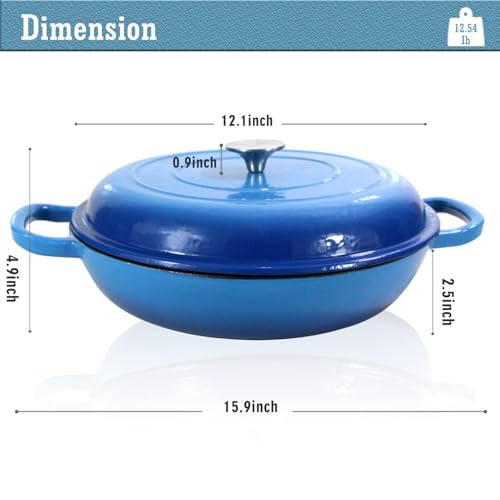 Enameled Cast Iron Dutch Oven Braiser, 3.8 Quart Enamel Skillet Pot with Lid - Heavy Duty and Dual Handles, Oven Safe Frying Pan for Family or Friends Gifts, Blue