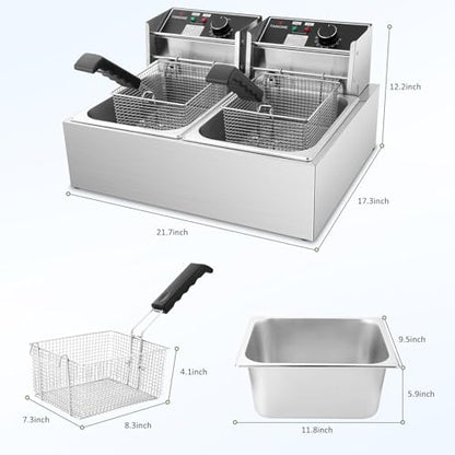 Commercial Deep Fryer, 3400W Electric Deep Fryers with 2x6.35QT Baskets Thickened Stainless Steel Countertop Oil Fryer 20.7QT Large Capacity with Lids Temperature Controller (12L)