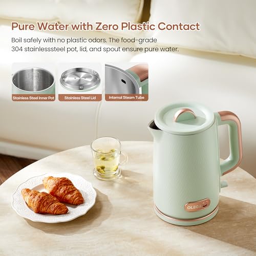 OLEGA Electric Kettle: 1200W Fast Boil Electric Water Kettles, 1.5L Double Wall Stainless Steel Tea Kettle, Auto Shut-Off, BPA-Free Hot Water Boiler Teapot for Coffee & Tea -Ligth Green