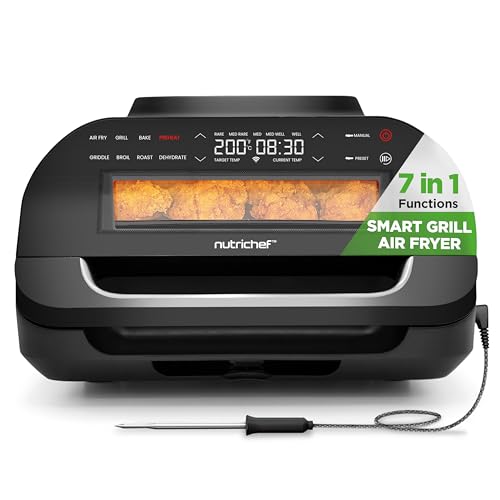 NutriChef Indoor Smokeless Grill - Smart Grill & Air Fryer with 7 Cooking Functions - 6L Capacity - Includes Smart Thermometer - Precise Temperature Control - Non-Stick Removable Grill Plates