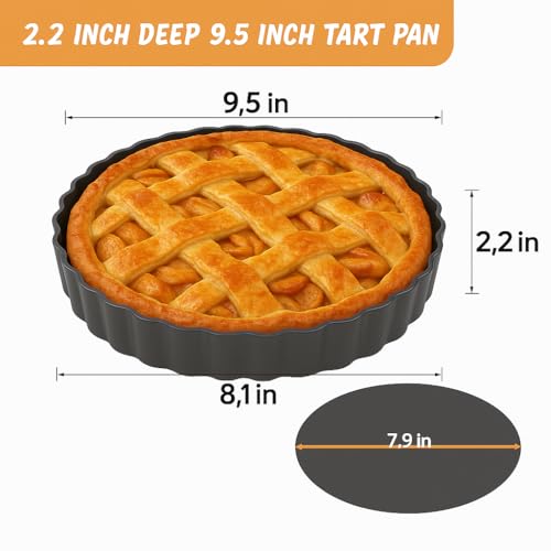 UWILLION 9.5 Inch Tart Pan 2.2 Inch Deep, Non-Stick Round Quiche Pan with Removable Bottom, Durable Carbon Steel Pie Pan for Cakes, Tarts, Pies and Mousse