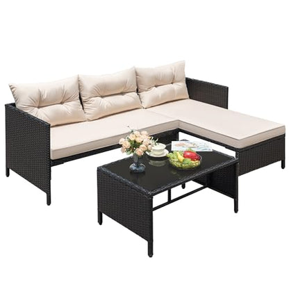 Greesum 3 Piece Patio Furniture Set Outdoor Wicker Sectional Sofa,Beige