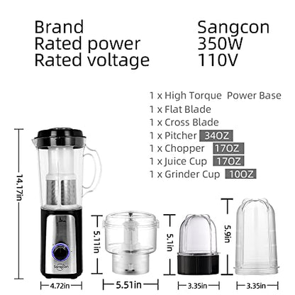 SANGCON 5 in 1 Blender and Food Processor Combo for Kitchen, Small Electric Food Chopper for Meat and Vegetable, 350W High Speed Blenders with 2 Speeds and Pulse for Smoothies and Shakes