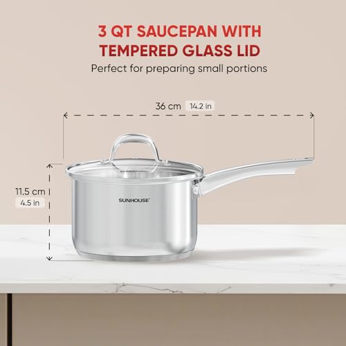 Sunhouse 3 QT Stainless Steel Sauce Pan with Lid, Small Pot for Cooking, PFOA-Free, Advanced Impact Bonding Induction Base Mini Saucepan, Compatible with Induction, Ceramic, Gas