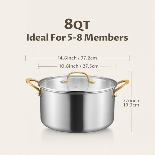 BEZIA 8 Quart 3-Ply Stainless Steel Stockpot, Soup Pot with Lid in Fully Clad Tri-Ply Stainless Steel, Even Heat Distribution, Cooking Pot with Handles, All Cooktops Compatible, Perfect for Stew