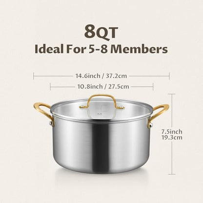 BEZIA 8 Quart 3-Ply Stainless Steel Stockpot, Soup Pot with Lid in Fully Clad Tri-Ply Stainless Steel, Even Heat Distribution, Cooking Pot with Handles, All Cooktops Compatible, Perfect for Stew