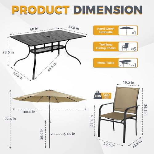 Incbruce 8 Pieces Patio Dining Set with Brown Umbrella, Outdoor Dining Set of 6 Textilene Chairs and Rectangle Table with Umbrella Hole for Backyard, Garden, and Poolside (Brown)