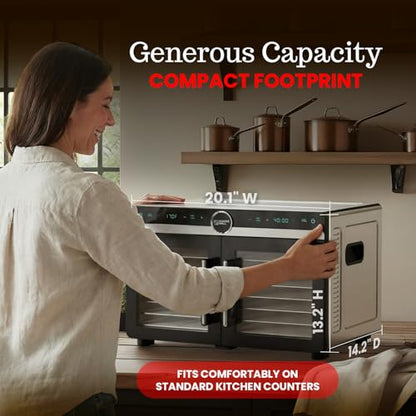 Magic Mill Premium DualZone Food Dehydrator, 16 Stainless Steel Trays with French Doors, Independent Temp Control, Rear Fan, Keep Warm Mode, for Jerky, Fruit, Veggies, Dog Treats, Meal Prep
