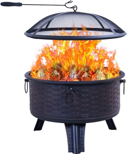 GRAND PATIO Fire Pits for Outside,Patio Outdoor Fire Pits, Round Deep Bonfire Wood Burning Fire Pit with Spark Screen Cover Safe Mesh Lid and Poker