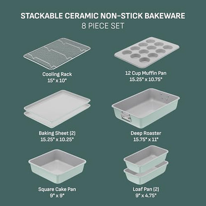 T-fal Refresh Ceramic Nonstick Baking Pans Set (8 Pc), Roaster, 12-Cup for Muffins, Loaf Trays, Baking Sheets Non Stick, Cooling Cooking Rack, Stackable Bakeware Set, Mint Green