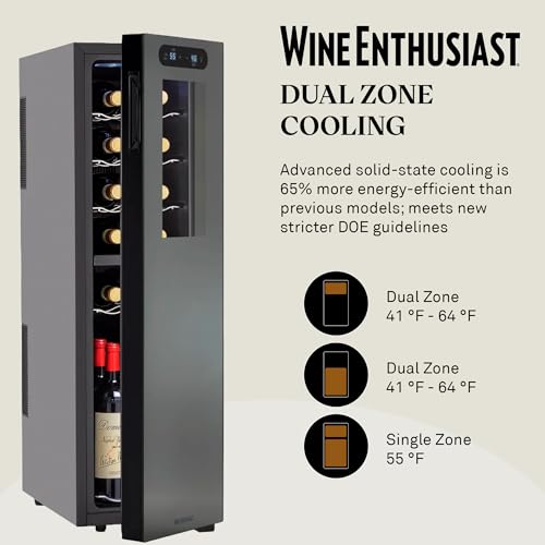 Wine Enthusiast 18-Bottle Slimline Dual Zone Wine Cooler - Energy Efficient Freestanding Wine Refrigerator - Upright Bottle Storage, Adjustable Thermostat, Digital Touchscreen (20.5” x 10.7" x 36.8”)