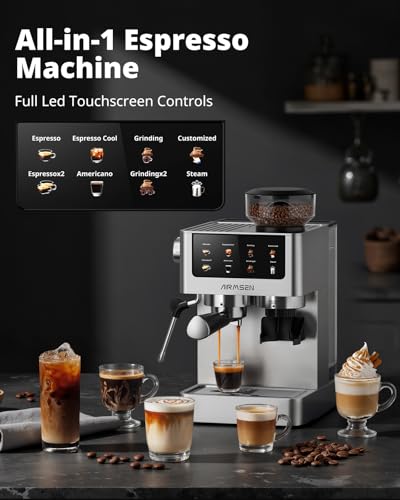AIRMSEN Espresso Machines with Burr Grinder, 20 Bar, Milk Frother Steam Wand, Stainless Steel Coffee Maker for Home - Cappuccino Latte & Cold Brew Iced Coffee Maker & Americano
