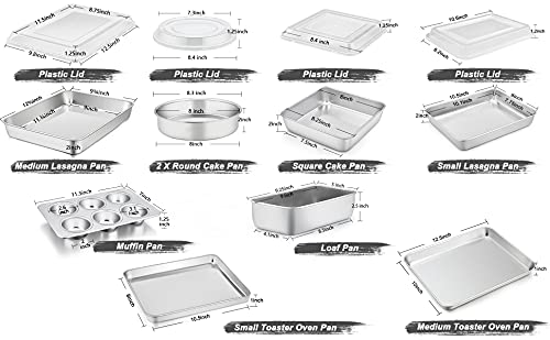 TeamFar Stainless Steel Bakeware Set, 13-Piece Metal Baking Roasting Pans with Lid, Rectangular/Square/Round/Lasagna/Loaf/Muffin Cake Pans, Non-Toxic & Sturdy, Smooth & Dishwasher Safe
