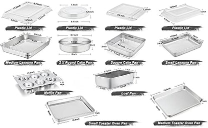 TeamFar Stainless Steel Bakeware Set, 13-Piece Metal Baking Roasting Pans with Lid, Rectangular/Square/Round/Lasagna/Loaf/Muffin Cake Pans, Non-Toxic & Sturdy, Smooth & Dishwasher Safe