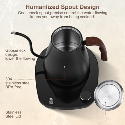YDDZZM Gooseneck Electric Kettle, Intelligent Temperature Control, Stainless Steel Inner, Quick Heating, for Pour Over Coffee, Brew Tea, Boil Hot Water, 1000W 0.9L Black