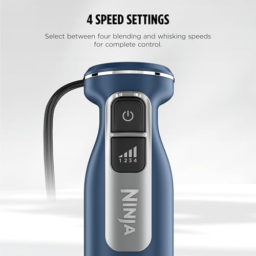 Ninja Immersion Blender and Whisk, Hand Stick Blender, 4 Speeds, with SplatterShield and PanProtect, 4-Cup Blending Vessel, Dishwasher Safe, 5-ft Cord, Ergonomic, Deep Navy, CI201ND