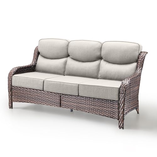 Bellefurn Luxury Patio Sofa 3-Seat Wicker Couch with 6" Thick Cushion - Outdoor Furniture Rattan Sofa with Deep Seating High Back Outdoor Sofa for Patio Garden Balcony Sunroom Backyard, Brown | Beige