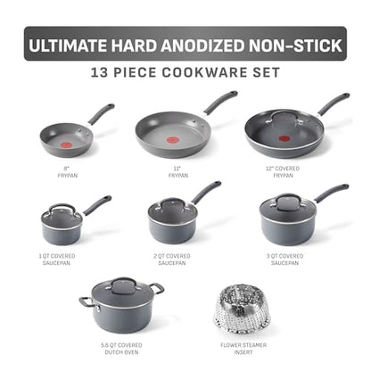 T-Fal Ultimate Hard Anodized Nonstick 13 Piece Cookware Set, Oven Safe Up to 400°F, Pots and Pans Set, Includes Frying Pans, Saucepan, Stockpot, Cooking Utensils, Stone