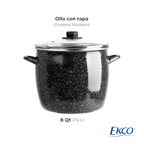 EKCO EOS 8-Quart Speckled Stockpot with Glass Lid (Black) Soup Pot for All Ranges, Dishwasher & Oven Safe up to 350°F - Non-Reactive Enameled Interior Pot for Gumbo, Stew, Boil, Pasta, Chili