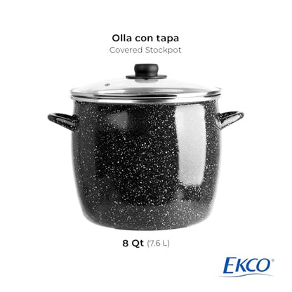 EKCO EOS 8-Quart Speckled Stockpot with Glass Lid (Black) Soup Pot for All Ranges, Dishwasher & Oven Safe up to 350°F - Non-Reactive Enameled Interior Pot for Gumbo, Stew, Boil, Pasta, Chili