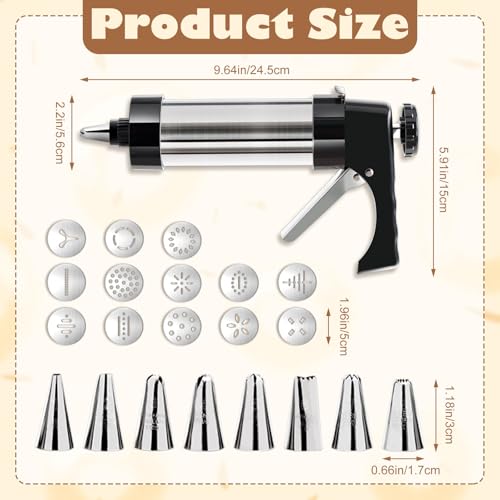 Cookie Press Gun Kit, Stainless Steel Spritz Cookie Press with 13 Discs & 8 Icing Piping Tips, Baking Cookie Maker, Icing Decorating Gun for Cookies Cakes Pastry Dessert Baking Decoration