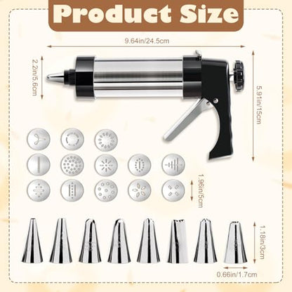 Cookie Press Gun Kit, Stainless Steel Spritz Cookie Press with 13 Discs & 8 Icing Piping Tips, Baking Cookie Maker, Icing Decorating Gun for Cookies Cakes Pastry Dessert Baking Decoration