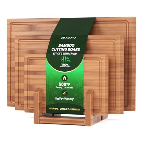 Bamboo Cutting Board Set with Stand, 3PCS Double-Sided Chopping Boards for Kitchen Meal Prep & Serving, Charcuterie, Juice Grooves & Side Handle, Ideal for Meat, Vegetables, Kitchen Essentials, Brown