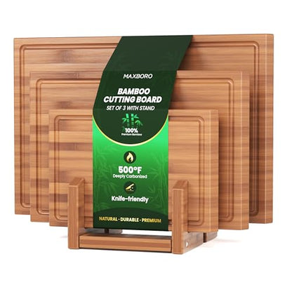 Bamboo Cutting Board Set with Stand, 3PCS Double-Sided Chopping Boards for Kitchen Meal Prep & Serving, Charcuterie, Juice Grooves & Side Handle, Ideal for Meat, Vegetables, Kitchen Essentials, Brown