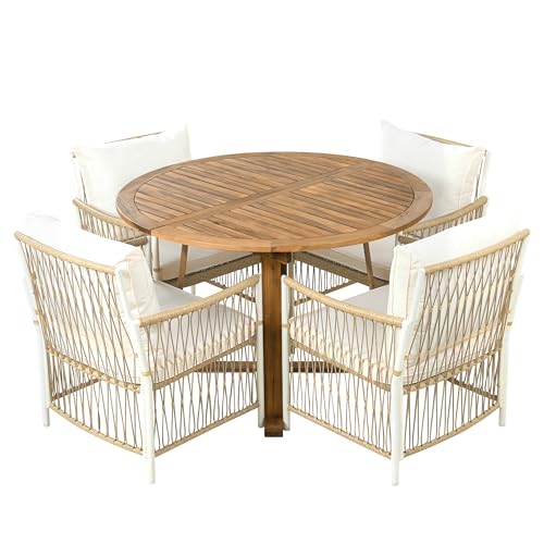 CKLMMC Modern 5-Piece Outdoor Patio Dining Set, All-Weather Acacia Wood Extendable Round Dining Table with 12inch Butterfly Leaf and 4 Rattan Arm Chairs for Backyard, Garden, Poolside