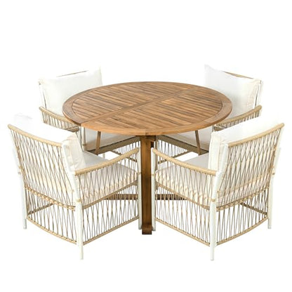 CKLMMC Modern 5-Piece Outdoor Patio Dining Set, All-Weather Acacia Wood Extendable Round Dining Table with 12inch Butterfly Leaf and 4 Rattan Arm Chairs for Backyard, Garden, Poolside