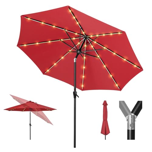 Tempera 9ft Patio LED Umbrella with light | Solar Outdoor Umbrella | Market Table Parasol with Push Button Tilt and Crank, with Sturdy Pole&Fade resistant canopy,Easy to set