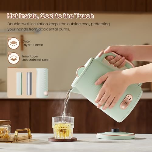 OLEGA Electric Kettle: 1200W Fast Boil Electric Water Kettles, 1.5L Double Wall Stainless Steel Tea Kettle, Auto Shut-Off, BPA-Free Hot Water Boiler Teapot for Coffee & Tea -Ligth Green