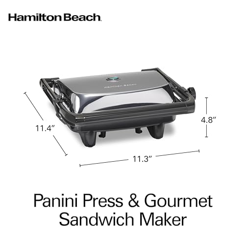 Hamilton Beach Panini Press Sandwich Maker & Electric Indoor Grill with Locking Lid, Opens Wide to Fit Any Thickness for Quesadillas, Burgers & More, Nonstick 8" x 10" Grids, Chrome (25460MNA)