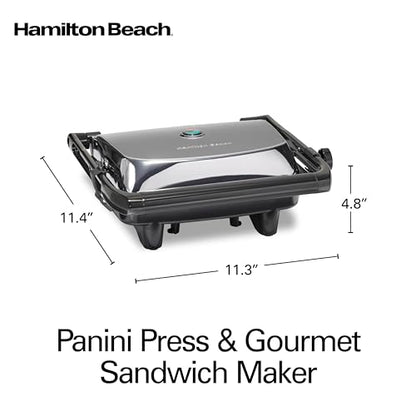 Hamilton Beach Panini Press Sandwich Maker & Electric Indoor Grill with Locking Lid, Opens Wide to Fit Any Thickness for Quesadillas, Burgers & More, Nonstick 8" x 10" Grids, Chrome (25460MNA)