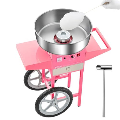 VEVOR Electric Cotton Candy Machine with Cart, 1000W Commercial Candy Floss Maker with 20.5 in Stainless Steel Bowl, Sugar Scoop, and Drawer, Easy to Use, for Home, Kids Birthday, Family Party, Pink