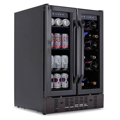 NewAir 24" Dual Zone Beverage Refrigerator & Wine Cooler for 18 Bottles & 58 Cans | Freestanding or Built-In Under Counter Mini Fridge for Beer, Wine and Soda | Black Stainless Steel
