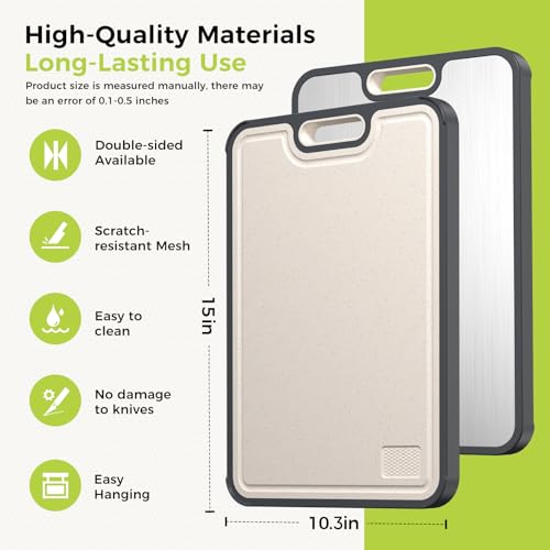 Titanium Cutting Board for Kitchen, Double Sided Chopping Board, 99.9% Pure Titanium & PP, Non-Porous, Odor Resistant, Safe for Raw & Cooked Food, Easy to Clean, Large 15”×10.3”