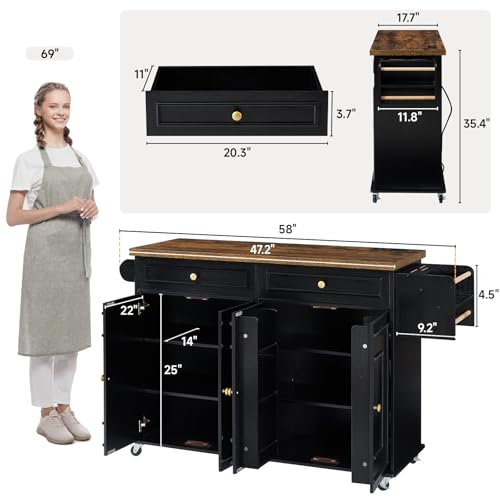 ONBRILL 58" Mobile Kitchen Island, Kitchen Island Cart with Power Outlet, Island Table for Kitchen, Home Bar Carts with Storage, Kitchen Rolling Island with Spice Rack & Towel Rack & Knife Holder