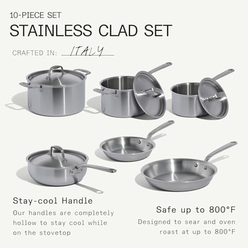 Made In Cookware | 10 Piece Stainless Steel Pot and Pan Set | 5 Ply Clad - Includes Stainless Steel Frying Pans, Saucepans, Saucier and Stock Pot W/Lid | Professional Cookware | Crafted in Italy