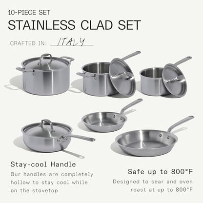 Made In Cookware | 10 Piece Stainless Steel Pot and Pan Set | 5 Ply Clad - Includes Stainless Steel Frying Pans, Saucepans, Saucier and Stock Pot W/Lid | Professional Cookware | Crafted in Italy