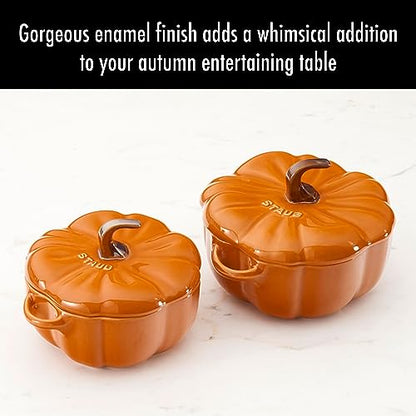 STAUB Ceramic 0.75-qt Petite Pumpkin, Oven & Stove Safe up to 572°F, Pumpkin Dish, Baking Candy Burnt Orange