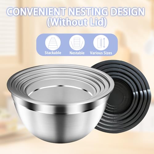 ZEENSUY Mixing Bowls with Airtight Lids Set, 5 PCS Stainless Steel Black Nesting Bowls for Kitchen, Large Prep Metal Mixing Bowls for Kitchen, 5.5/4/3.5/2/1.5 QT for Mixing & Serving
