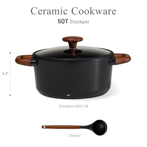 CAROTE 5QT Ceramic Stock Pot with Ladle, Nonstick Casserole with Lid, Even Heating Stockpot, Fits All Stoves, Non Stick Large Capacity Cooking Pots, PFAS Free, Black