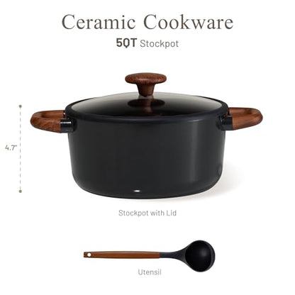 CAROTE 5QT Ceramic Stock Pot with Ladle, Nonstick Casserole with Lid, Even Heating Stockpot, Fits All Stoves, Non Stick Large Capacity Cooking Pots, PFAS Free, Black