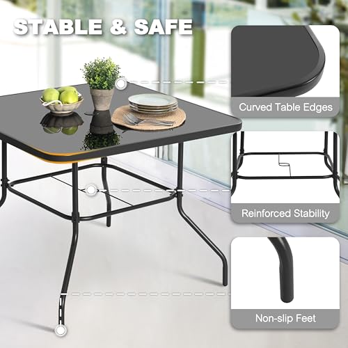 NUU GARDEN 5 PCS Patio Dining Set, Metal Outdoor Table and Chairs, with 4 Stackable Chairs and 31.5’’ Square Table with Umbrella Hole, Outdoor Dining Set for Lawn, Balcony, Garden, Black and Brown